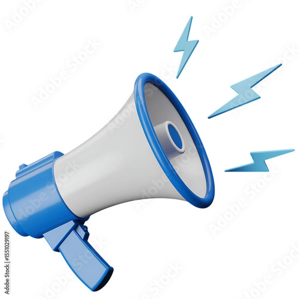 Fototapeta Modern 3d illustration of a blue and white megaphone emitting bright blue lightning bolts isolated on transparent background