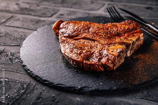 Obraz T-bone grilled beef steak with spices on black serving plate