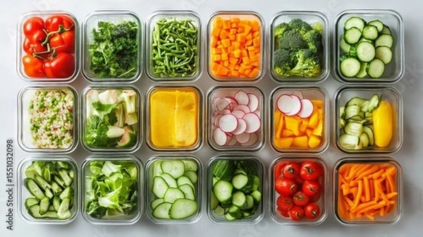 Fototapeta Colorful Vegetable Meal Prep in Glass Containers on Plain Background