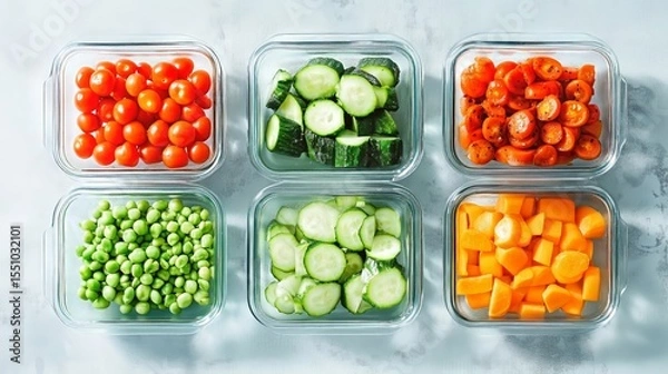 Fototapeta Colorful Vegetable Meal Prep in Glass Containers on Plain Background