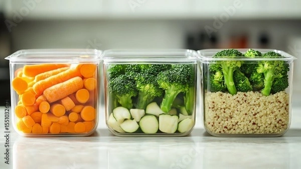 Fototapeta Healthy Meal Prep with Quinoa, Steamed Carrots, and Broccoli in Clear Containers

