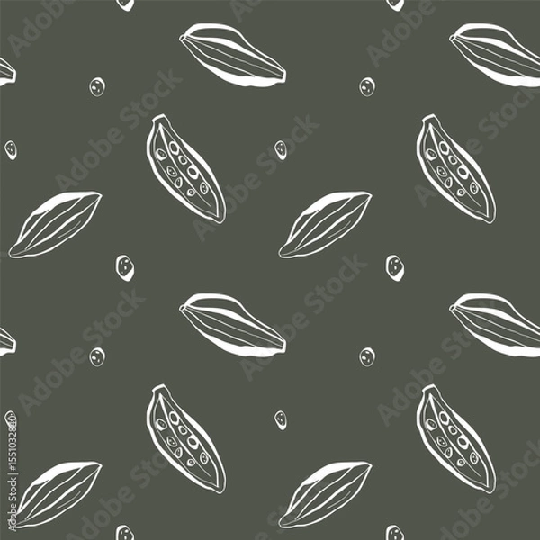 Fototapeta Seamless cardamom pattern with hand drawn outline pods and seeds on earthy olive background for packaging and textile