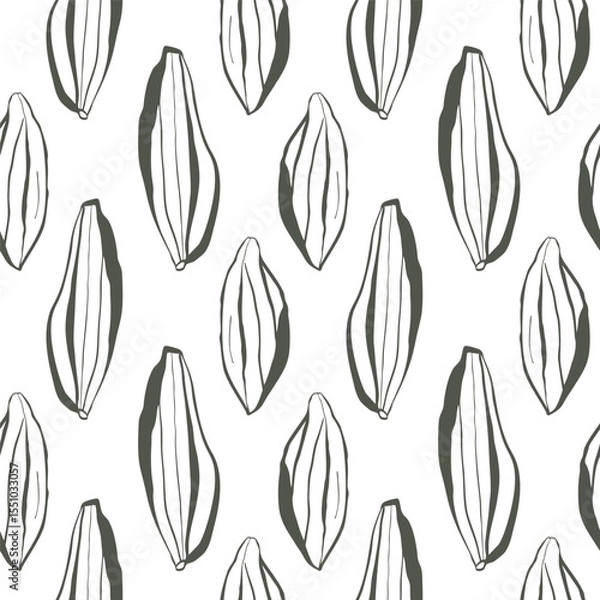 Fototapeta Seamless botanical pattern with green hand drawn linear pods on white background for packaging fabric and eco friendly branding
