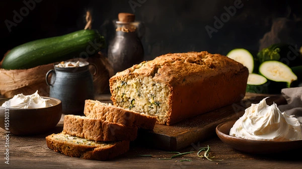 Obraz Freshly baked zucchini bread is placed on the table with slices and some cream cheese on the side. Delicious looking zucchini bread. AI generated images.