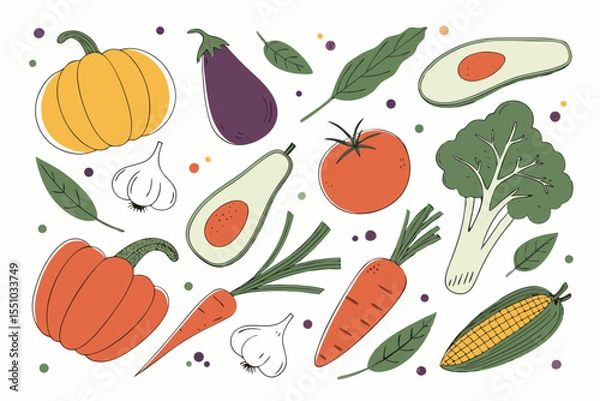 Fototapeta Hand drawn colorful vegetables and salad. Modern abstract minimal style. Healthy organic food. Tomatoes, onion, zucchini, eggplant, leek, potatoes, corn, peppers, beet. Vector flat illustration. 