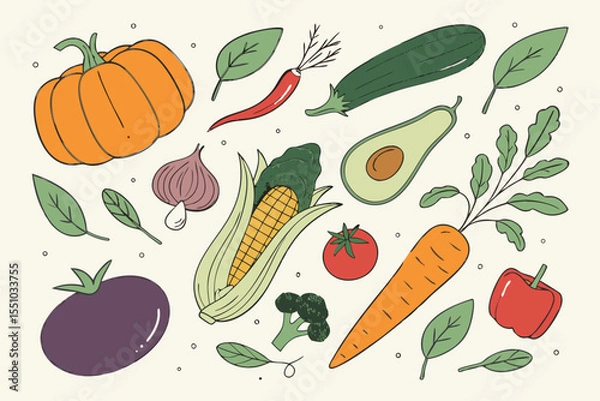 Fototapeta Hand drawn colorful vegetables and salad. Modern abstract minimal style. Healthy organic food. Tomatoes, onion, zucchini, eggplant, leek, potatoes, corn, peppers, beet. Vector flat illustration. 