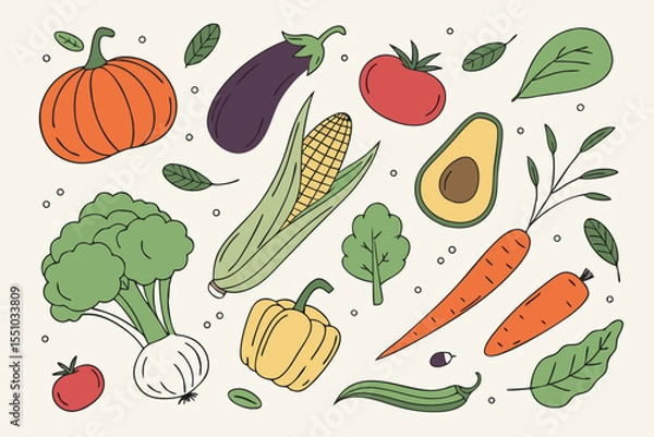 Fototapeta Hand drawn colorful vegetables and salad. Modern abstract minimal style. Healthy organic food. Tomatoes, onion, zucchini, eggplant, leek, potatoes, corn, peppers, beet. Vector flat illustration. 