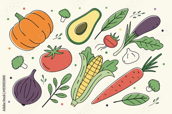 Fototapeta Hand drawn colorful vegetables and salad. Modern abstract minimal style. Healthy organic food. Tomatoes, onion, zucchini, eggplant, leek, potatoes, corn, peppers, beet. Vector flat illustration. 
