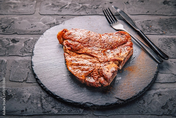 Obraz T-bone grilled beef steak with spices on black serving plate