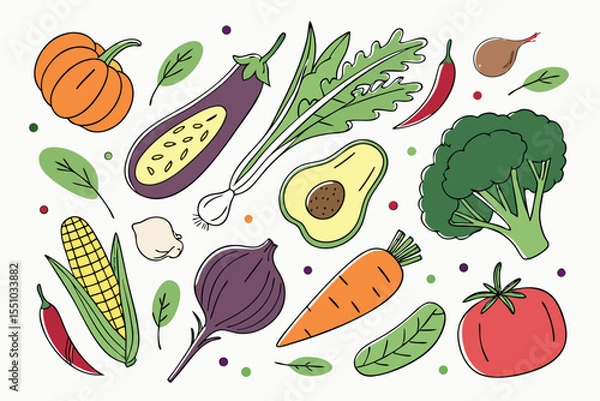 Fototapeta Hand drawn colorful vegetables and salad. Modern abstract minimal style. Healthy organic food. Tomatoes, onion, zucchini, eggplant, leek, potatoes, corn, peppers, beet. Vector flat illustration. 