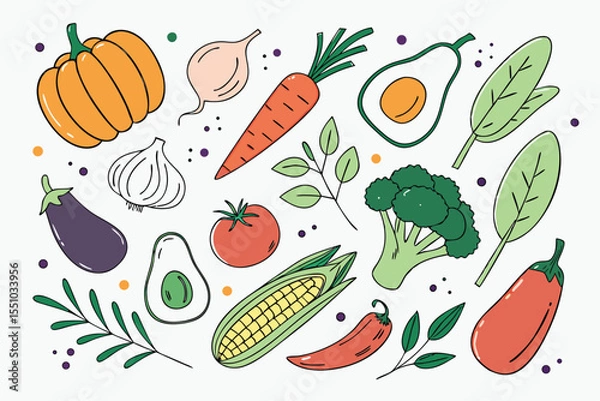 Fototapeta Hand drawn colorful vegetables and salad. Modern abstract minimal style. Healthy organic food. Tomatoes, onion, zucchini, eggplant, leek, potatoes, corn, peppers, beet. Vector flat illustration. 