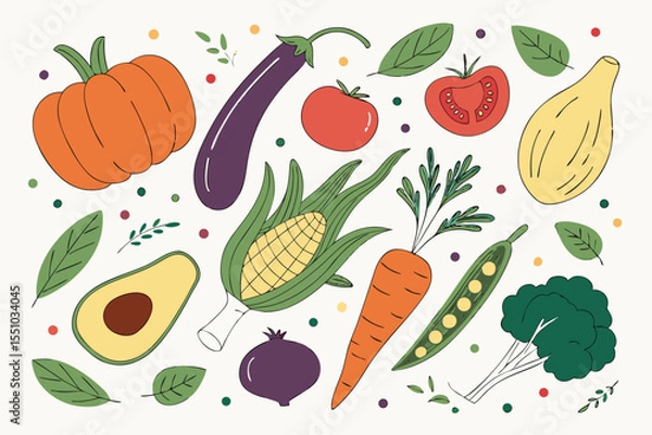 Fototapeta Hand drawn colorful vegetables and salad. Modern abstract minimal style. Healthy organic food. Tomatoes, onion, zucchini, eggplant, leek, potatoes, corn, peppers, beet. Vector flat illustration. 