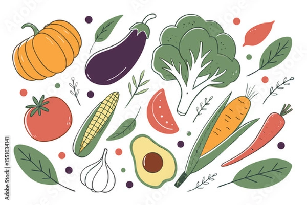 Fototapeta Hand drawn colorful vegetables and salad. Modern abstract minimal style. Healthy organic food. Tomatoes, onion, zucchini, eggplant, leek, potatoes, corn, peppers, beet. Vector flat illustration. 