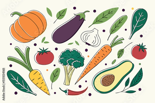 Fototapeta Hand drawn colorful vegetables and salad. Modern abstract minimal style. Healthy organic food. Tomatoes, onion, zucchini, eggplant, leek, potatoes, corn, peppers, beet. Vector flat illustration. 