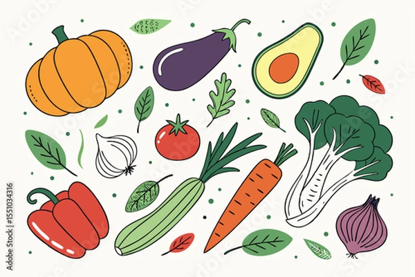 Fototapeta Hand drawn colorful vegetables and salad. Modern abstract minimal style. Healthy organic food. Tomatoes, onion, zucchini, eggplant, leek, potatoes, corn, peppers, beet. Vector flat illustration. 