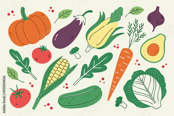 Fototapeta Hand drawn colorful vegetables and salad. Modern abstract minimal style. Healthy organic food. Tomatoes, onion, zucchini, eggplant, leek, potatoes, corn, peppers, beet. Vector flat illustration. 