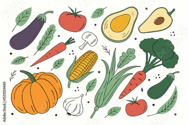 Fototapeta Hand drawn colorful vegetables and salad. Modern abstract minimal style. Healthy organic food. Tomatoes, onion, zucchini, eggplant, leek, potatoes, corn, peppers, beet. Vector flat illustration. 