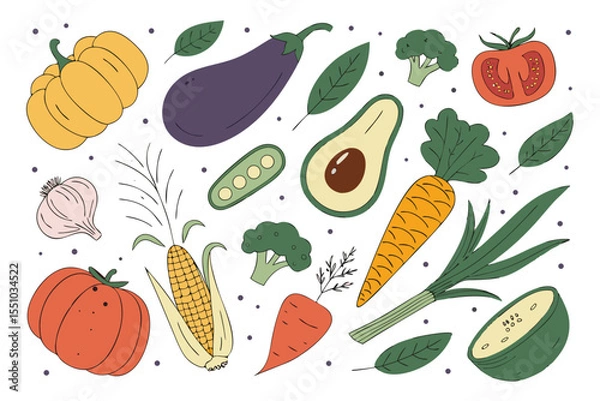 Fototapeta Hand drawn colorful vegetables and salad. Modern abstract minimal style. Healthy organic food. Tomatoes, onion, zucchini, eggplant, leek, potatoes, corn, peppers, beet. Vector flat illustration. 