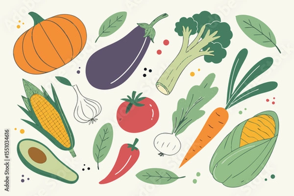 Fototapeta Hand drawn colorful vegetables and salad. Modern abstract minimal style. Healthy organic food. Tomatoes, onion, zucchini, eggplant, leek, potatoes, corn, peppers, beet. Vector flat illustration. 