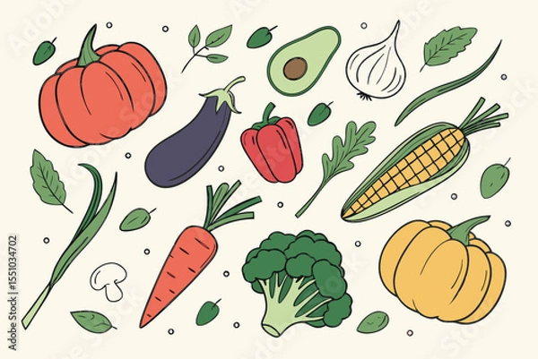Fototapeta Hand drawn colorful vegetables and salad. Modern abstract minimal style. Healthy organic food. Tomatoes, onion, zucchini, eggplant, leek, potatoes, corn, peppers, beet. Vector flat illustration. 