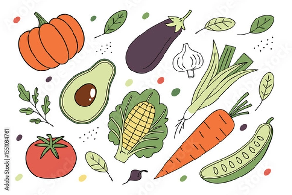 Fototapeta Hand drawn colorful vegetables and salad. Modern abstract minimal style. Healthy organic food. Tomatoes, onion, zucchini, eggplant, leek, potatoes, corn, peppers, beet. Vector flat illustration. 