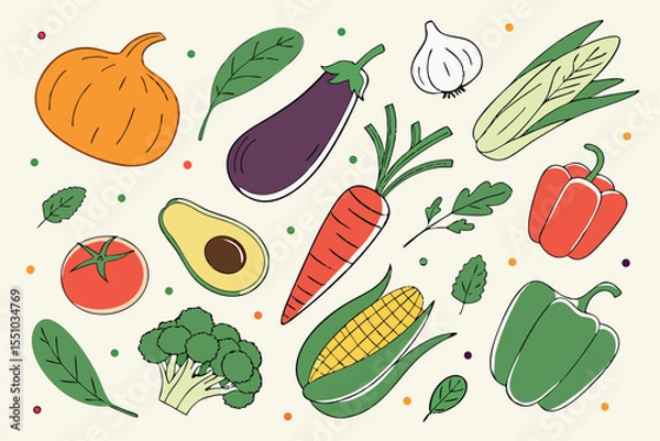 Fototapeta Hand drawn colorful vegetables and salad. Modern abstract minimal style. Healthy organic food. Tomatoes, onion, zucchini, eggplant, leek, potatoes, corn, peppers, beet. Vector flat illustration. 