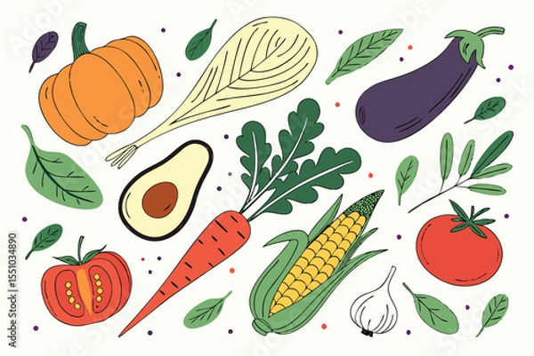 Fototapeta Hand drawn colorful vegetables and salad. Modern abstract minimal style. Healthy organic food. Tomatoes, onion, zucchini, eggplant, leek, potatoes, corn, peppers, beet. Vector flat illustration. 