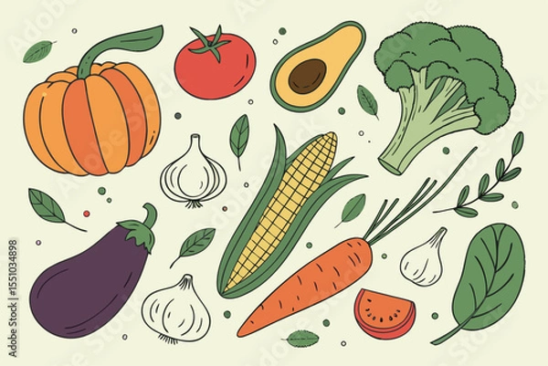 Fototapeta Hand drawn colorful vegetables and salad. Modern abstract minimal style. Healthy organic food. Tomatoes, onion, zucchini, eggplant, leek, potatoes, corn, peppers, beet. Vector flat illustration. 