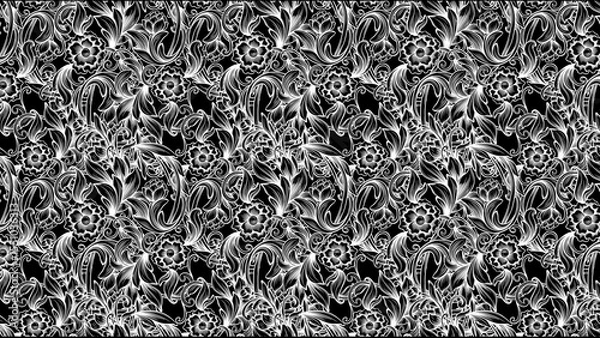 Fototapeta Intricate floral pattern with white flowers and leaves on a black background in a seamless design
