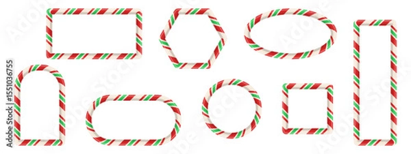 Obraz Set of striped frames with red, white, and green candy cane texture. Includes circular, square, and oval borders. Designed as decorative holiday elements for templates and cards. Vector illustration.