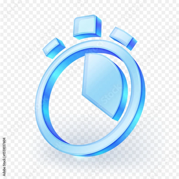 Fototapeta 3D transparent blue glass stopwatch icon, symbolizing time, speed, precision, and efficiency. For technology, business, and fitness designs. Isolated on  transparent background. Vector illustration.