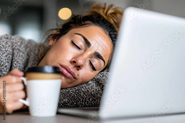 Fototapeta Close up, An exhausted customer service rep snoozing on her computer with her hand still clutched to her coffee