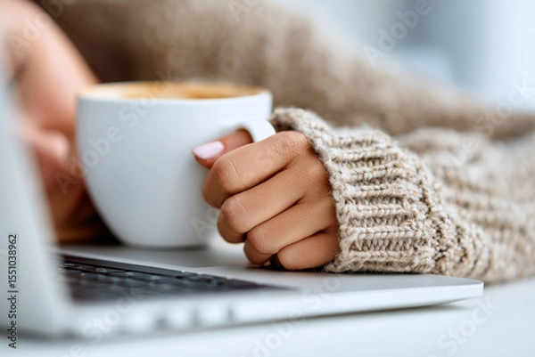 Fototapeta Close up, An exhausted customer service rep snoozing on her computer with her hand still clutched to her coffee