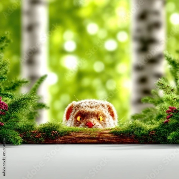 Fototapeta Curious Weasel Peeking from Mossy Log in Birch Forest
