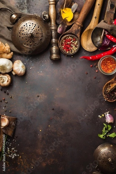 Fototapeta Culinary ingredients and utensils composition flatlay
