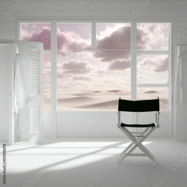 Fototapeta Empty Directors Chair in Minimalist White Room with Scenic View