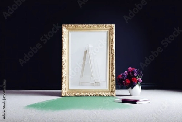 Fototapeta Empty Gold Frame with White Paper and Flowers on Carpet