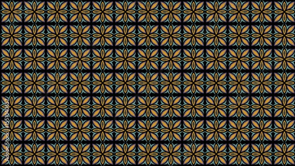 Obraz Repeating floral pattern with gold and blue petals on a black background creating a symmetrical design
