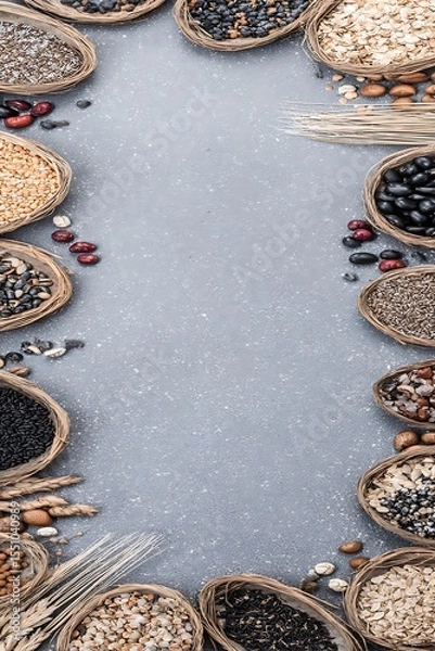 Fototapeta Grains seeds nuts in wicker baskets