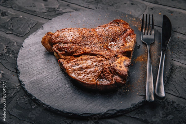 Obraz T-bone grilled beef steak with spices on black serving plate