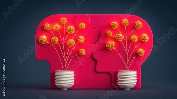 Fototapeta Interlocking Red Puzzle Pieces Representing Ideas with Glowing Yellow Bulbs