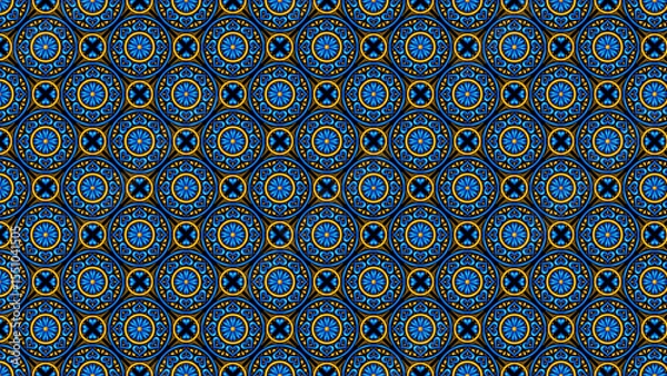 Obraz A seamless pattern featuring blue and yellow circular designs on a dark background repeating design
