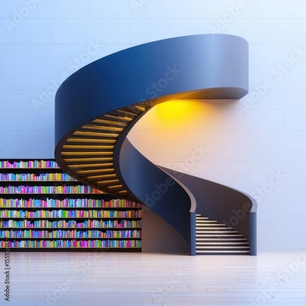 Fototapeta Modern Dark Spiral Staircase with Colorful Bookshelf