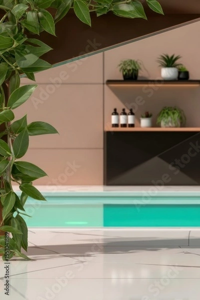 Fototapeta Modern Minimalist Interior Design with Teal Pool and Lush Greenery