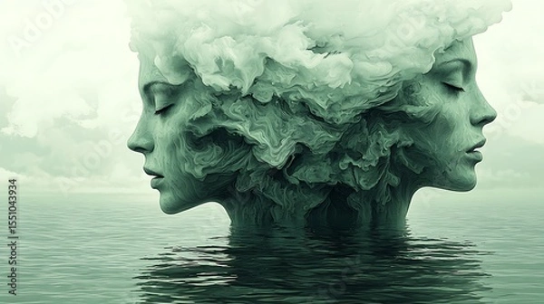 Fototapeta Surreal Abstract Art Two Female Faces Emerging from Ocean Waves Dreamlike Green Tone