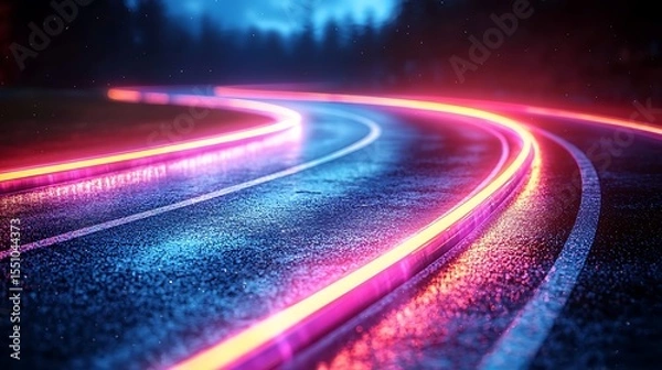 Fototapeta Neon Glowing Lines on Wet Asphalt Road at Night Abstract Curving Pathway
