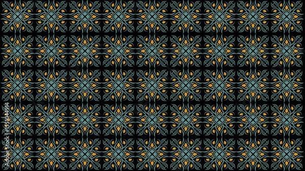 Obraz Repeating floral pattern with teal and gold elements on a black background in a symmetrical design