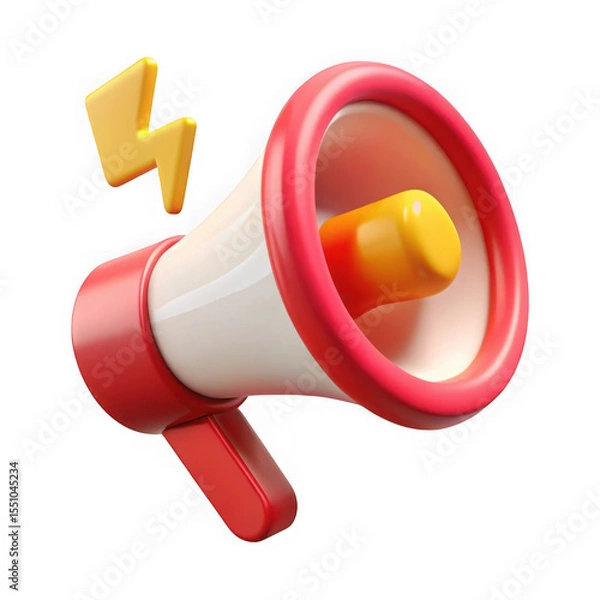Fototapeta A red and white megaphone with a yellow lightning bolt, isolated on transparent background
