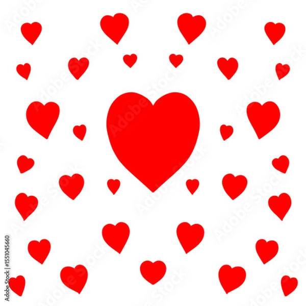 Fototapeta Red hearts pattern on white background. Scattered red hearts design element