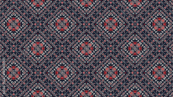 Obraz Detailed geometric pattern with red and white floral elements on a dark background design repeat